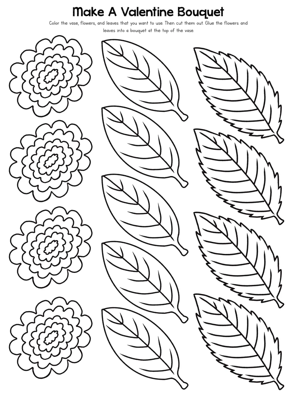 Second bouquet cutout sheet: four scalloped flowers and nine leaves in two styles to color, cut, and glue