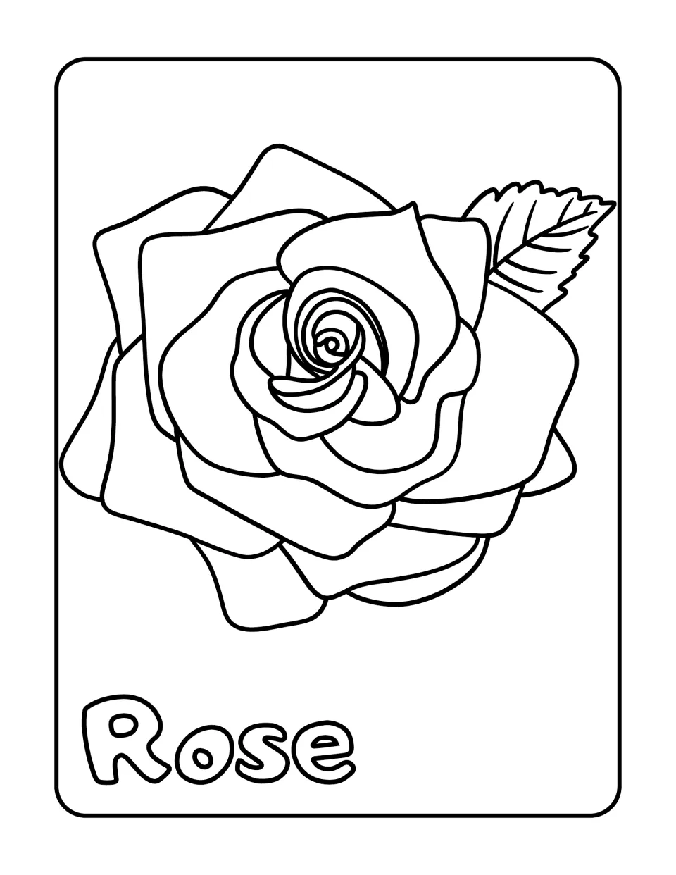 Rose coloring page: children color one large layered rose head with one serrated leaf, plus the bubble-letter word Rose