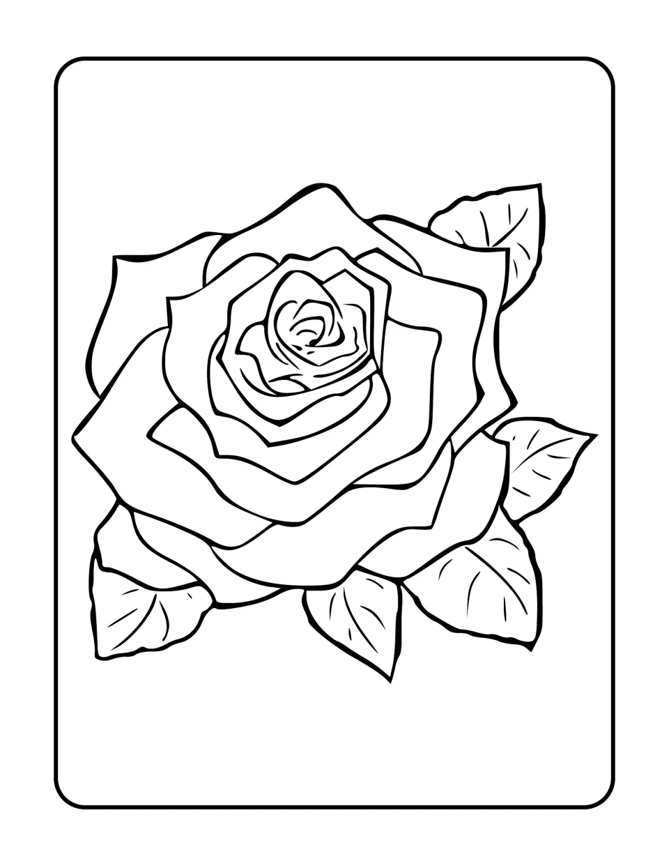 Rose coloring page without a label: a big fully open rose with many swirling petal layers framed by several veined leaves