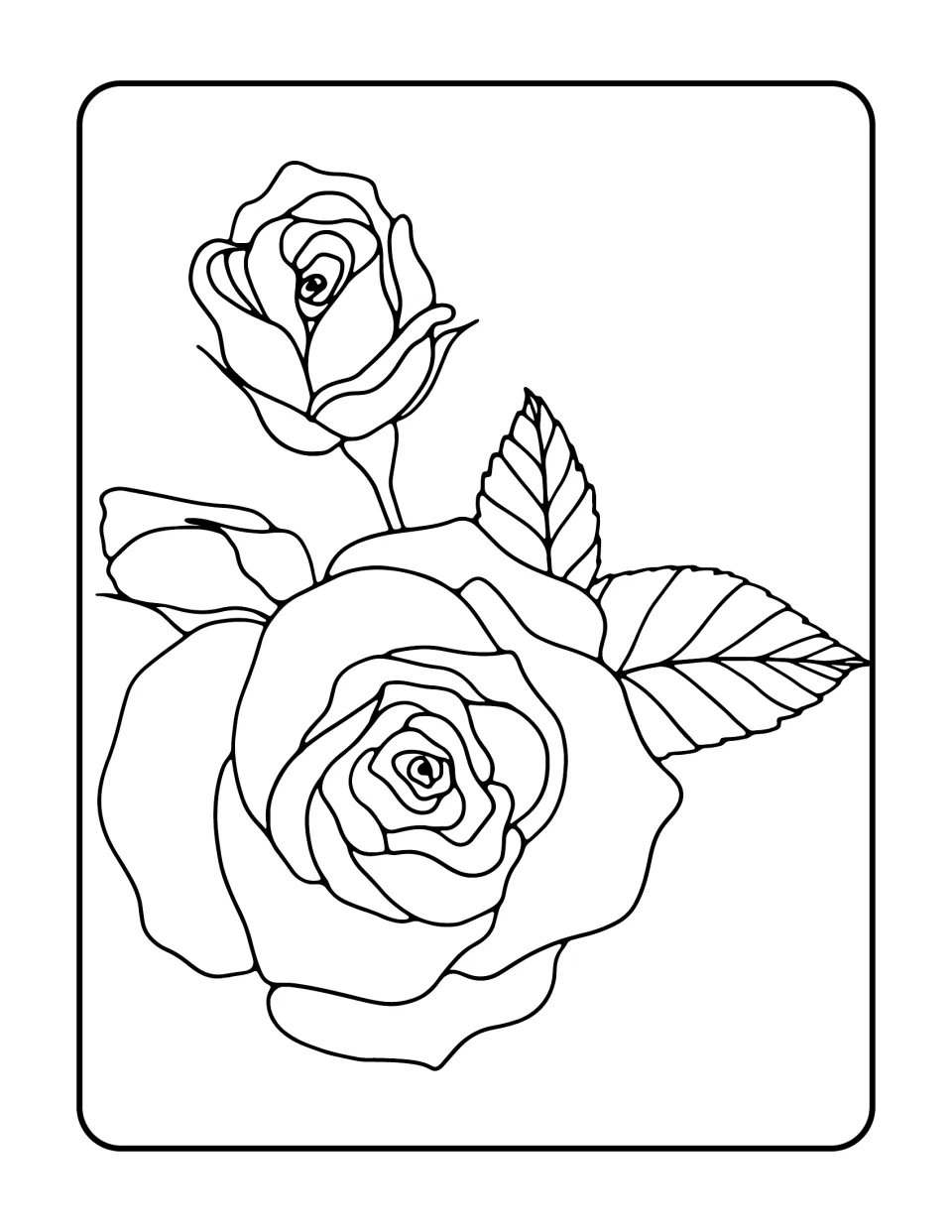 Two roses to color: a small rosebud on a short stem above one large open rose, with two serrated leaves at the side
