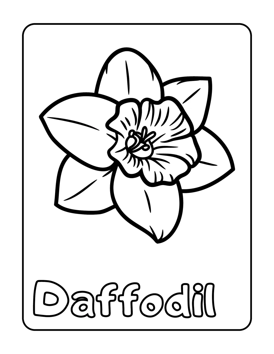 Daffodil coloring page: children color a front-facing daffodil with six petals and a ruffled cup, plus the word Daffodil