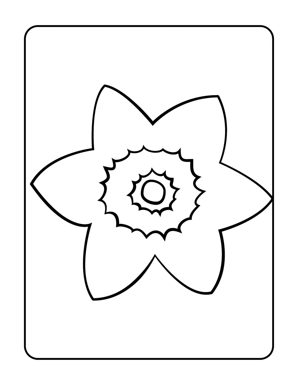 Simple star-shaped flower to color: six large plain petals around a ruffled center ring with a small oval middle