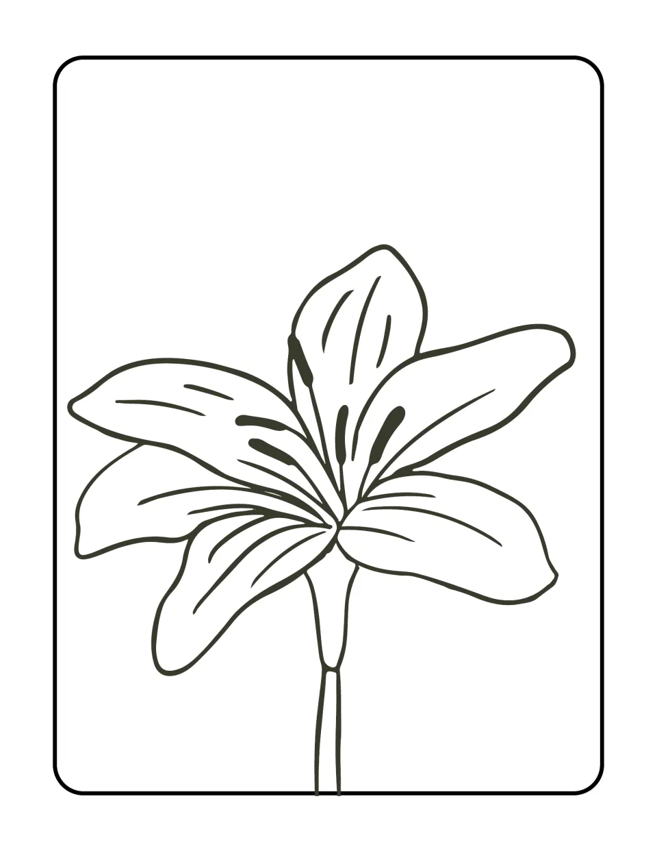 Lily outline to color: one open bloom with broad veined petals and long stamens on a straight stem, no label word