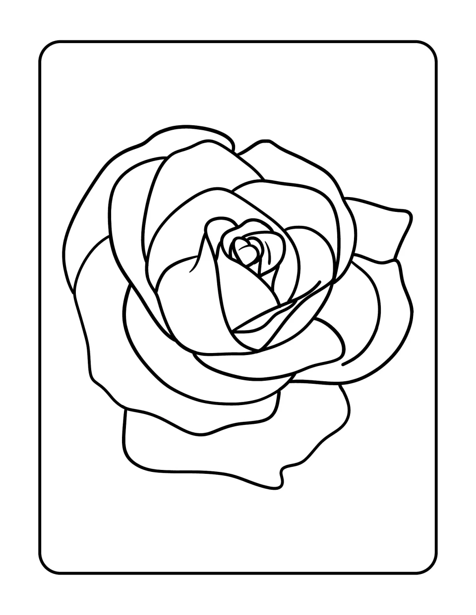 Open rose outline for coloring in simple bold lines, with wide wavy outer petals curling around a tight bud center