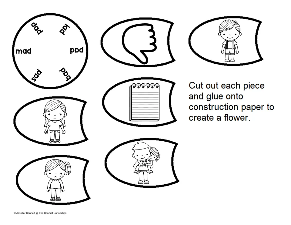 -ad picture petals: flower center lists mad, pad, bad, sad, dad and lad; students cut out wordless petals and glue them on