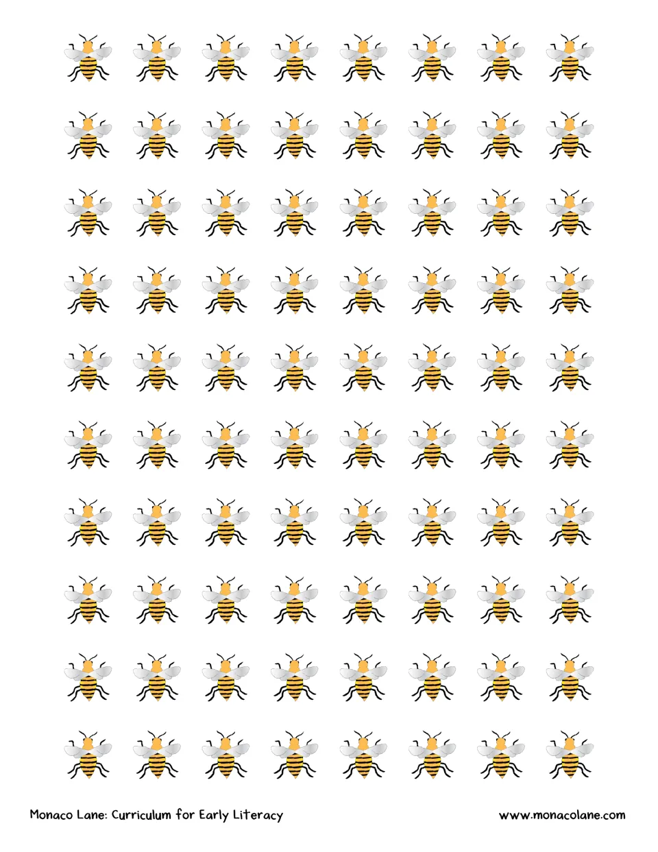 Sheet of 80 bee cutouts for the kit's counting activities, placing bees on the two laminated flowers