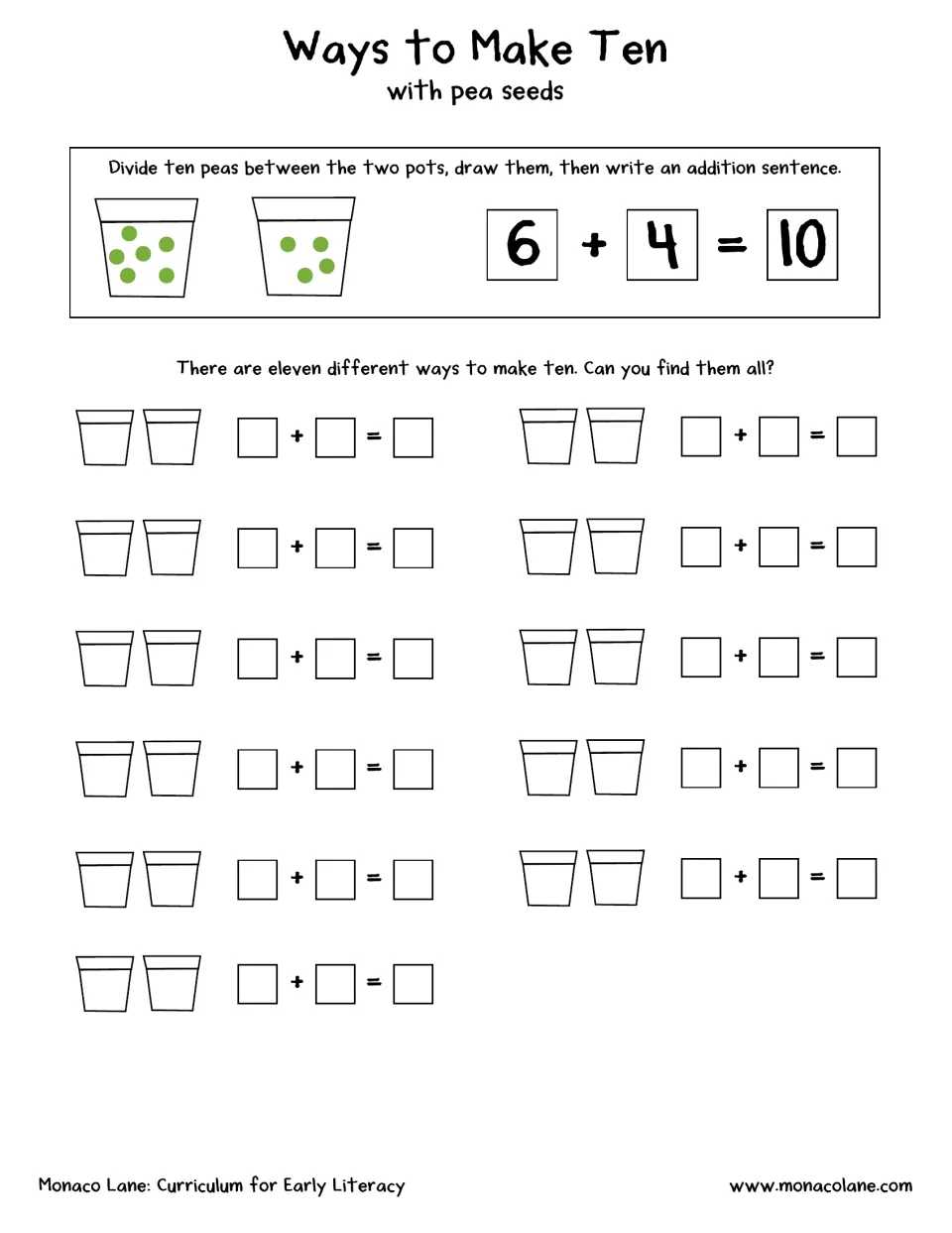 Ways to Make Ten recording sheet asks children to divide ten peas between two pots; example: 6 + 4 = 10