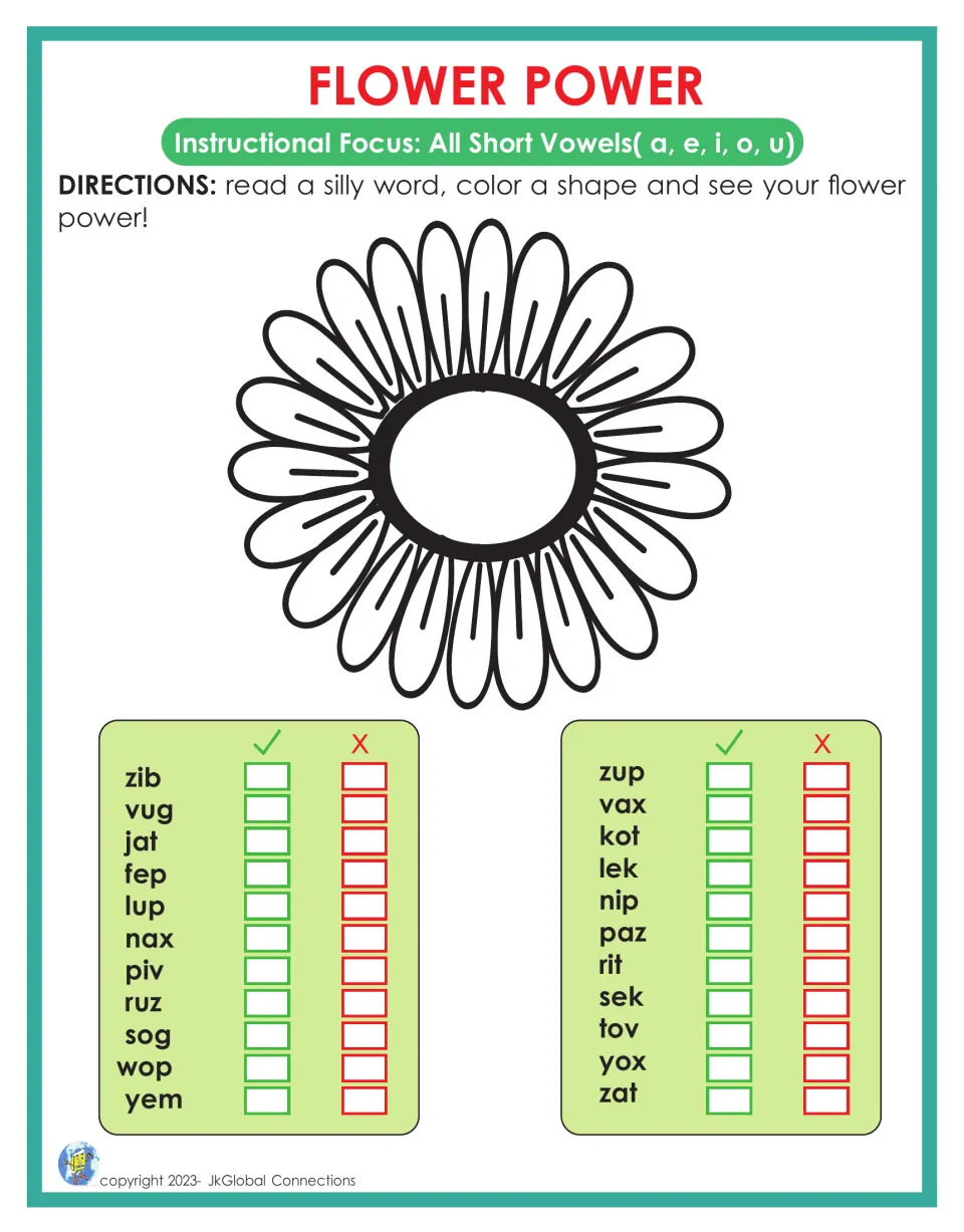 Short vowel decoding: students read 22 silly words like zib, vug and jat, mark check or X, and color flower petals