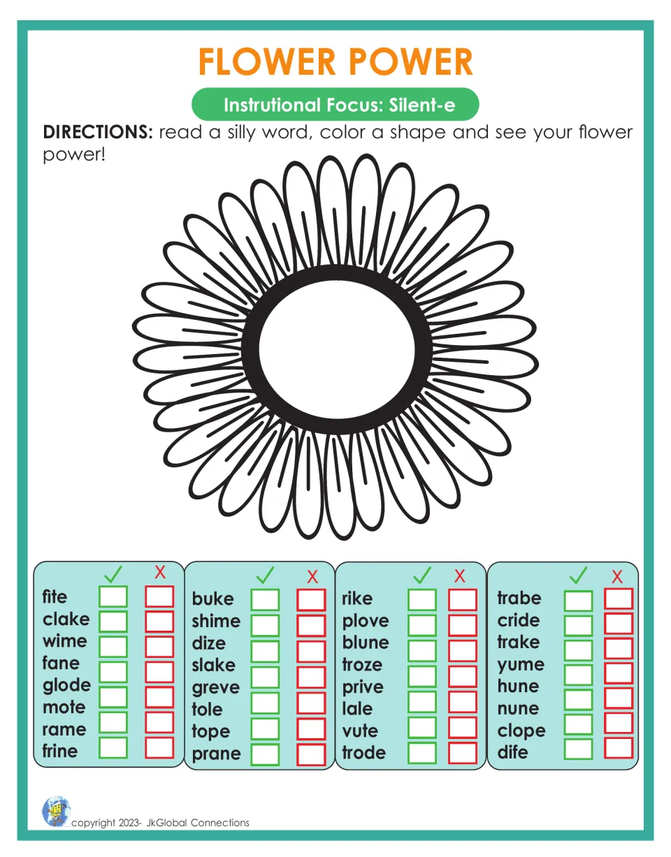 Silent-e decoding: students read 32 silly words like fite, buke and trabe, mark check or X, and color flower petals