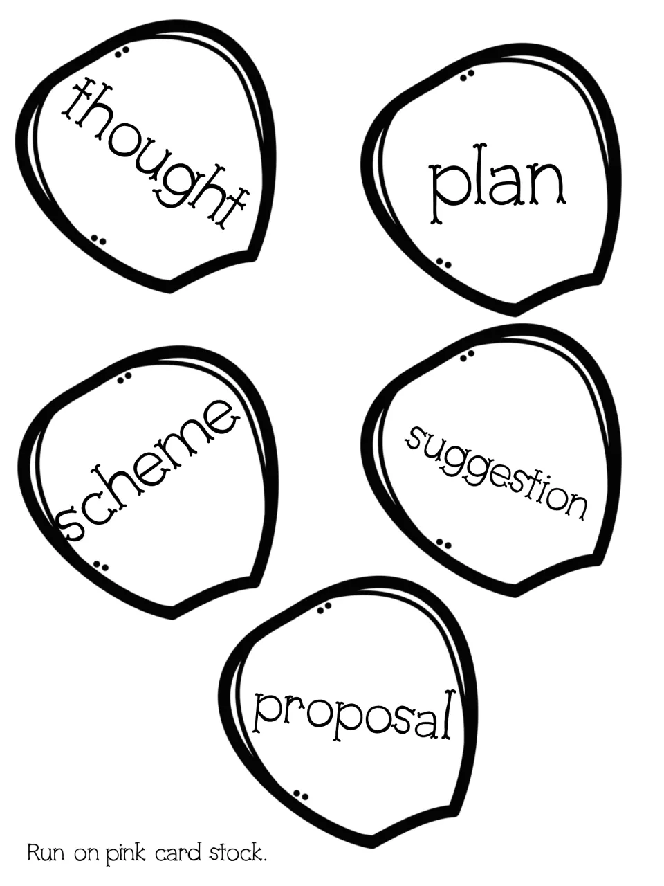 Synonym petal cut-outs: thought, plan, scheme, suggestion and proposal for students to match as words with similar meaning