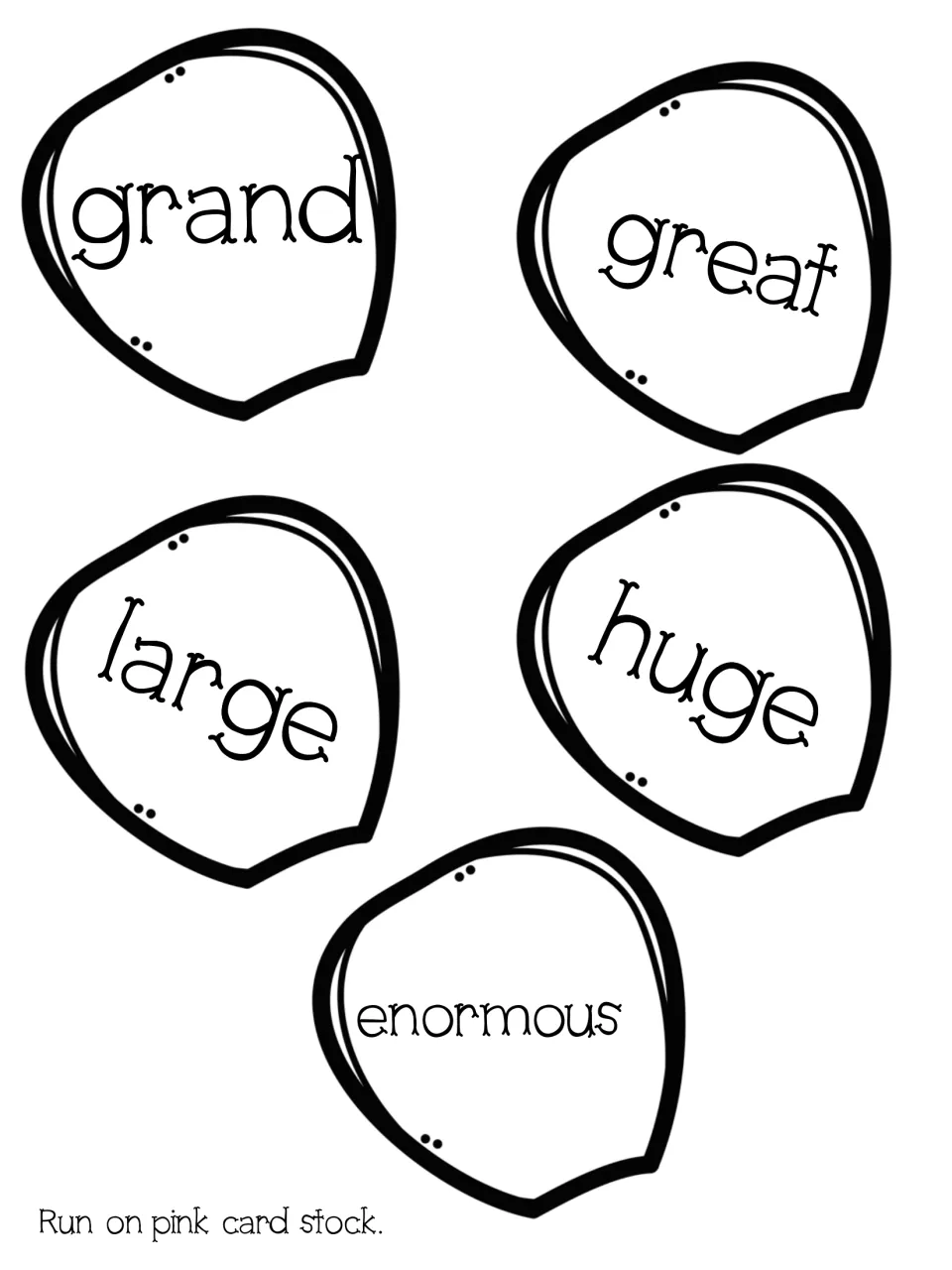 Synonym petal cut-outs meaning big: grand, great, large, huge and enormous for students to match to a flower centre