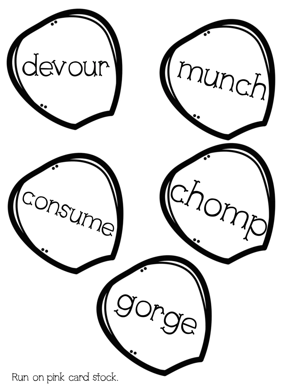 Synonym petal cut-outs for eating words: devour, munch, consume, chomp and gorge, sorted onto one flower by meaning