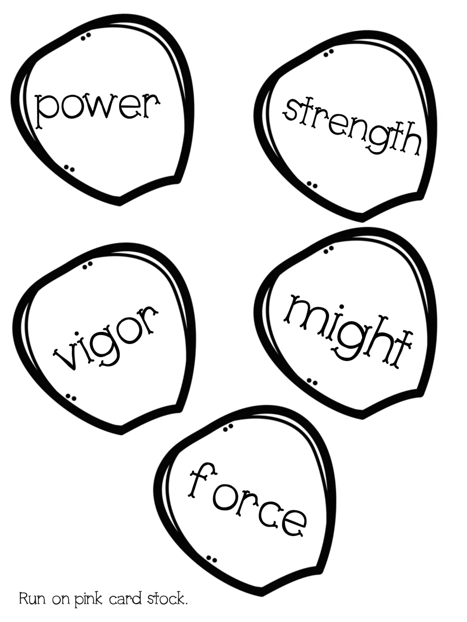 Synonym petal cut-outs: power, strength, vigor, might and force for students to match as words with similar meanings