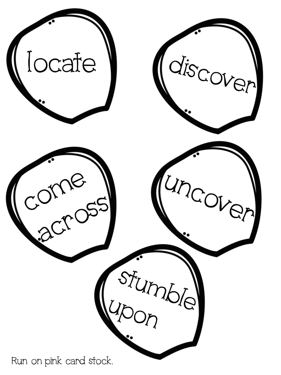 Synonym petal cut-outs: locate, discover, come across, uncover and stumble upon for matching words about finding