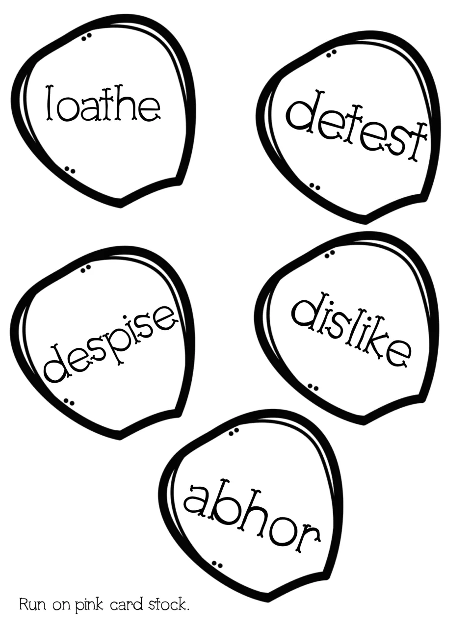 Synonym petal cut-outs: loathe, detest, despise, dislike and abhor for students to match words meaning strong dislike