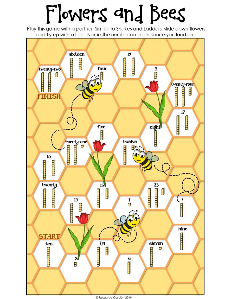 Partner game board with numbers 1–24 in digits, words, and base-ten blocks; slide down flowers and fly up bees.