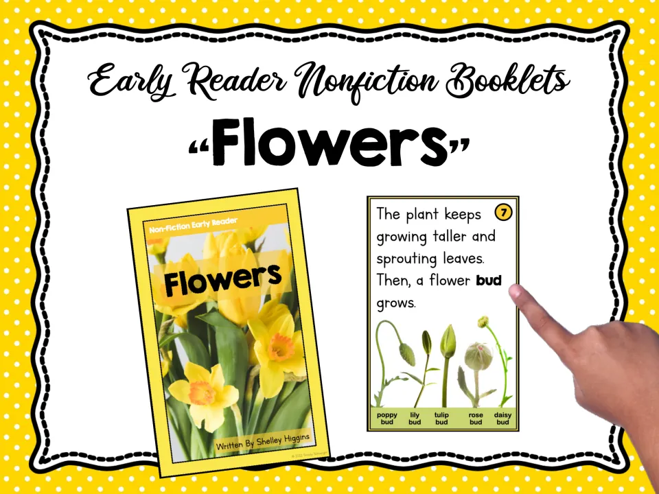 Cover of the flower nonfiction reader resource, showing the booklet cover and a sample page about flower buds