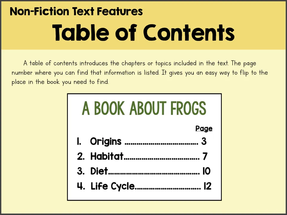 Table of contents poster using a frog book example: Origins, Habitat, Diet, and Life Cycle with page numbers