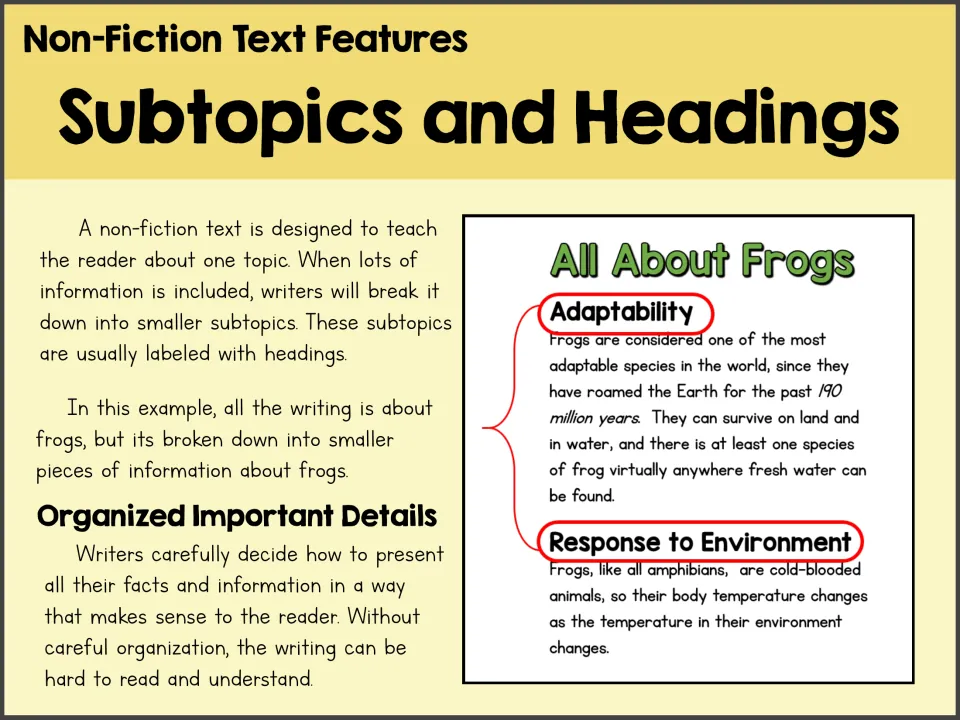 Subtopics and headings poster using frog passages titled Adaptability and Response to Environment as examples