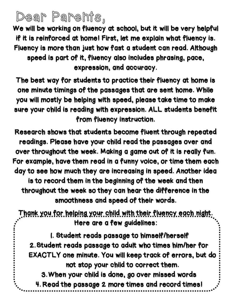 Parent letter explaining fluency and home practice through one-minute readings, error review, and rereading