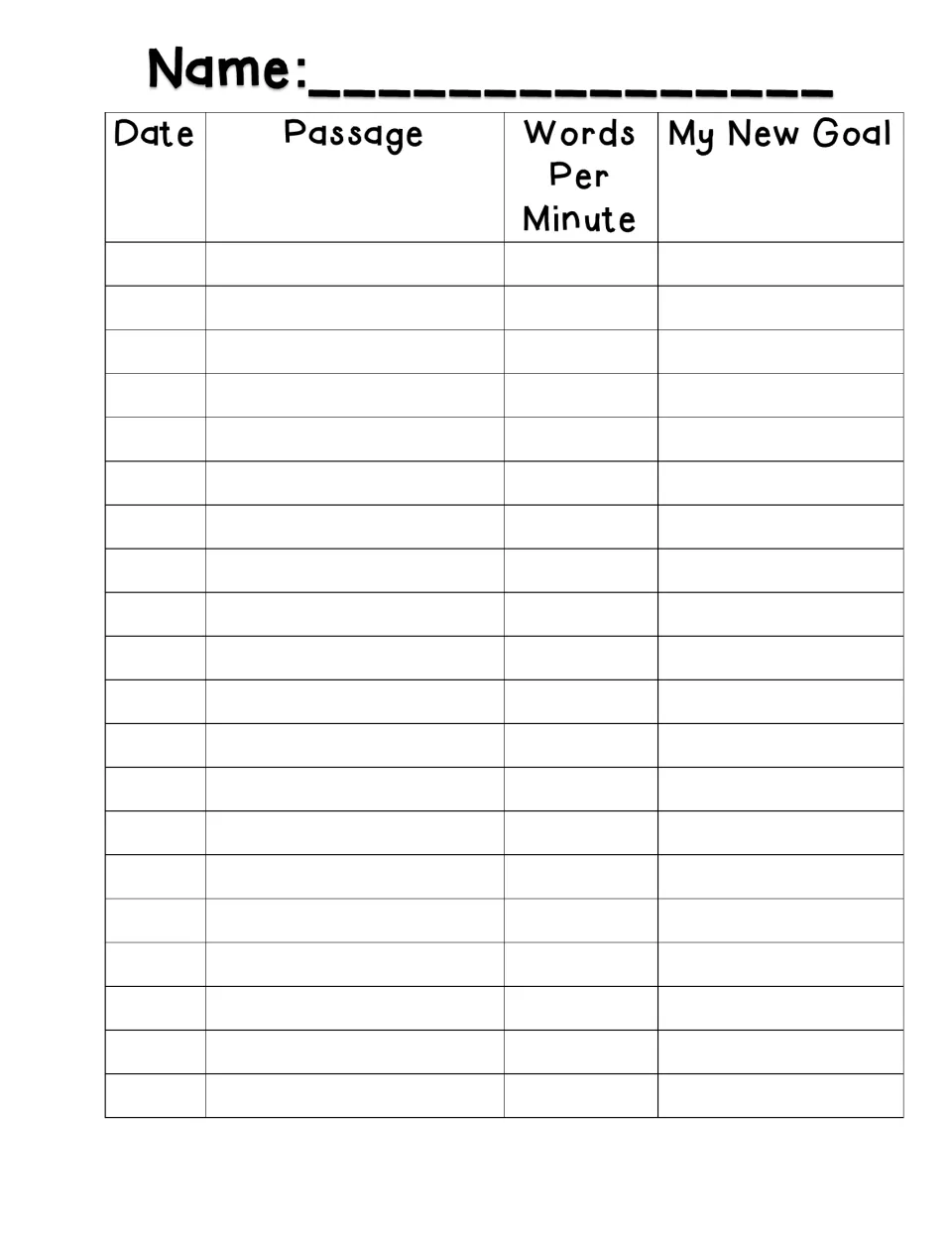 Student fluency record for entering the date, passage, words per minute, and a new goal for each reading