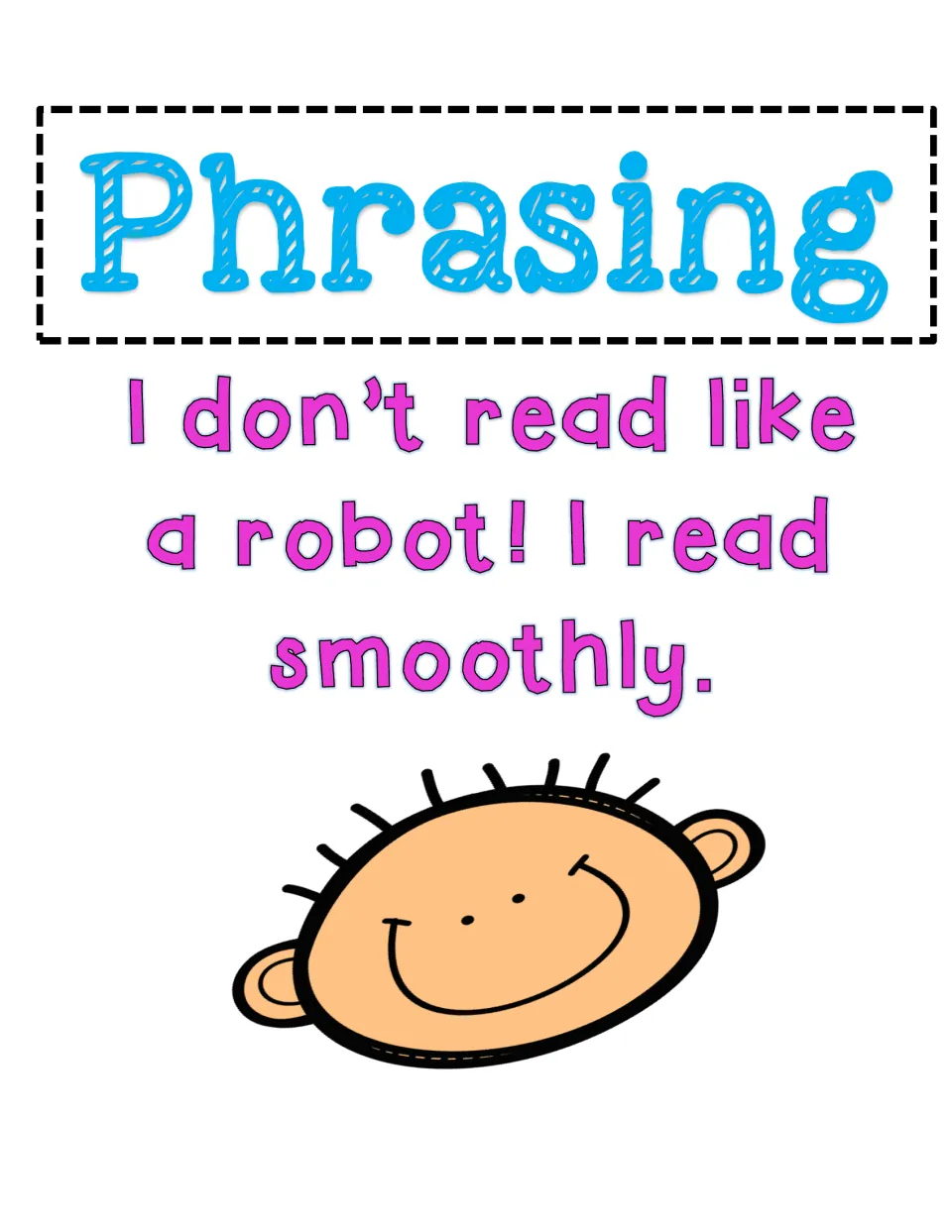 Phrasing fluency poster stating, 'I don't read like a robot! I read smoothly,' as a student reading reminder