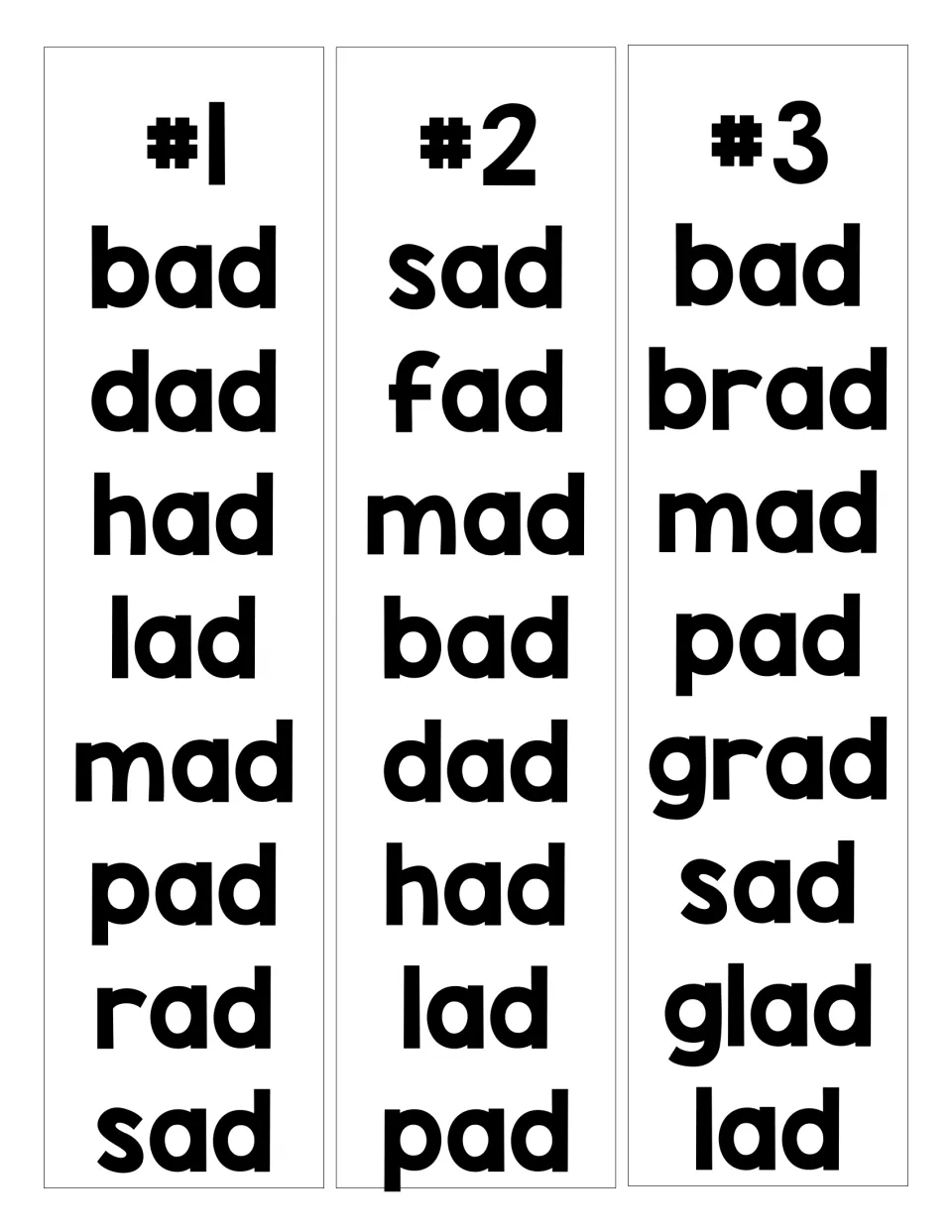 AD word family lists: students read three numbered lists of -ad words such as bad, dad, brad, grad and glad aloud