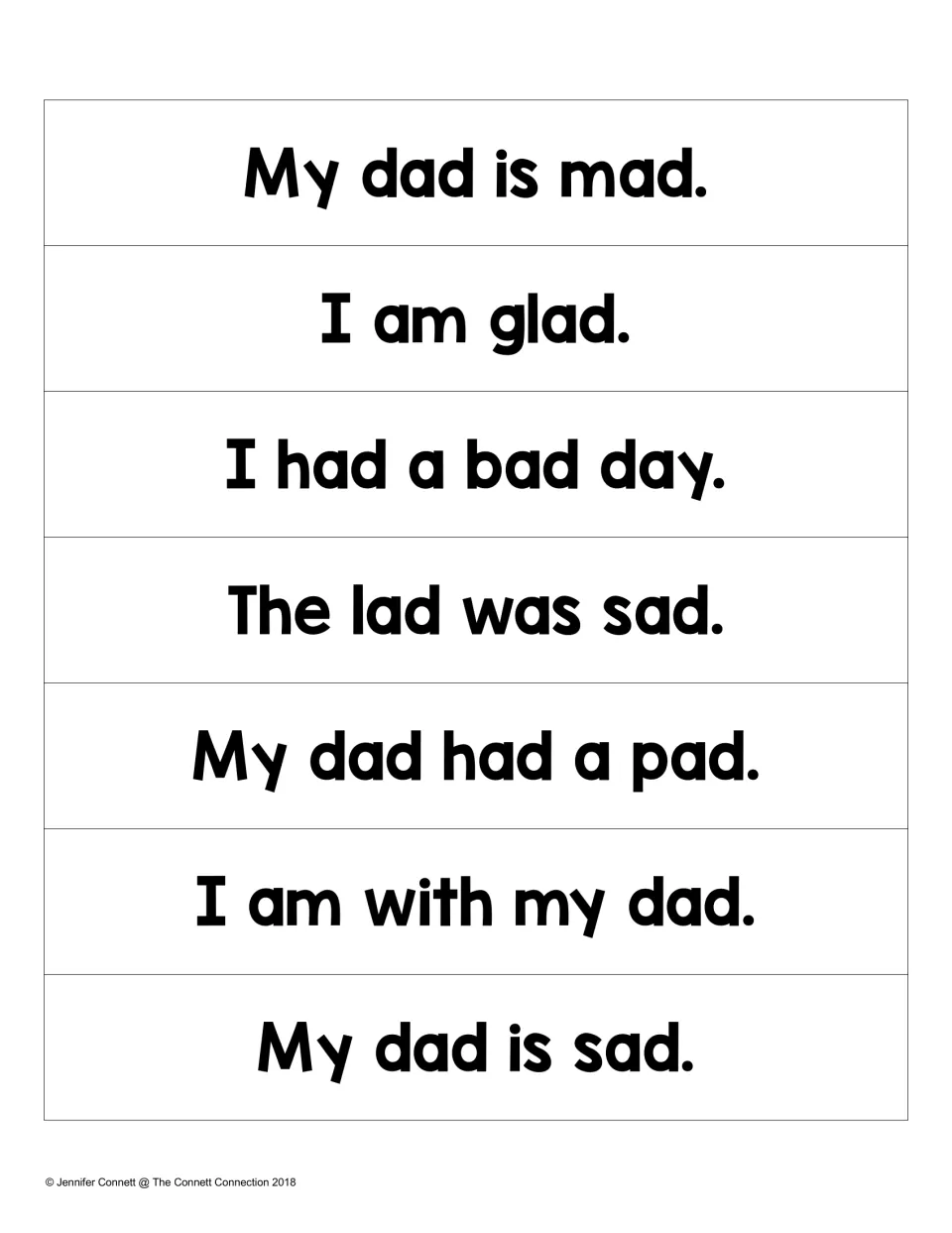 AD word sentence strips: students read seven -ad sentences such as My dad is mad, I am glad and The lad was sad