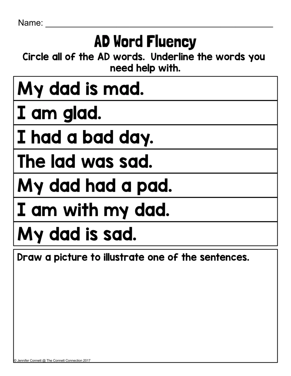 AD Word Fluency: students read seven sentences, circle every -ad word, underline tricky words and draw one sentence