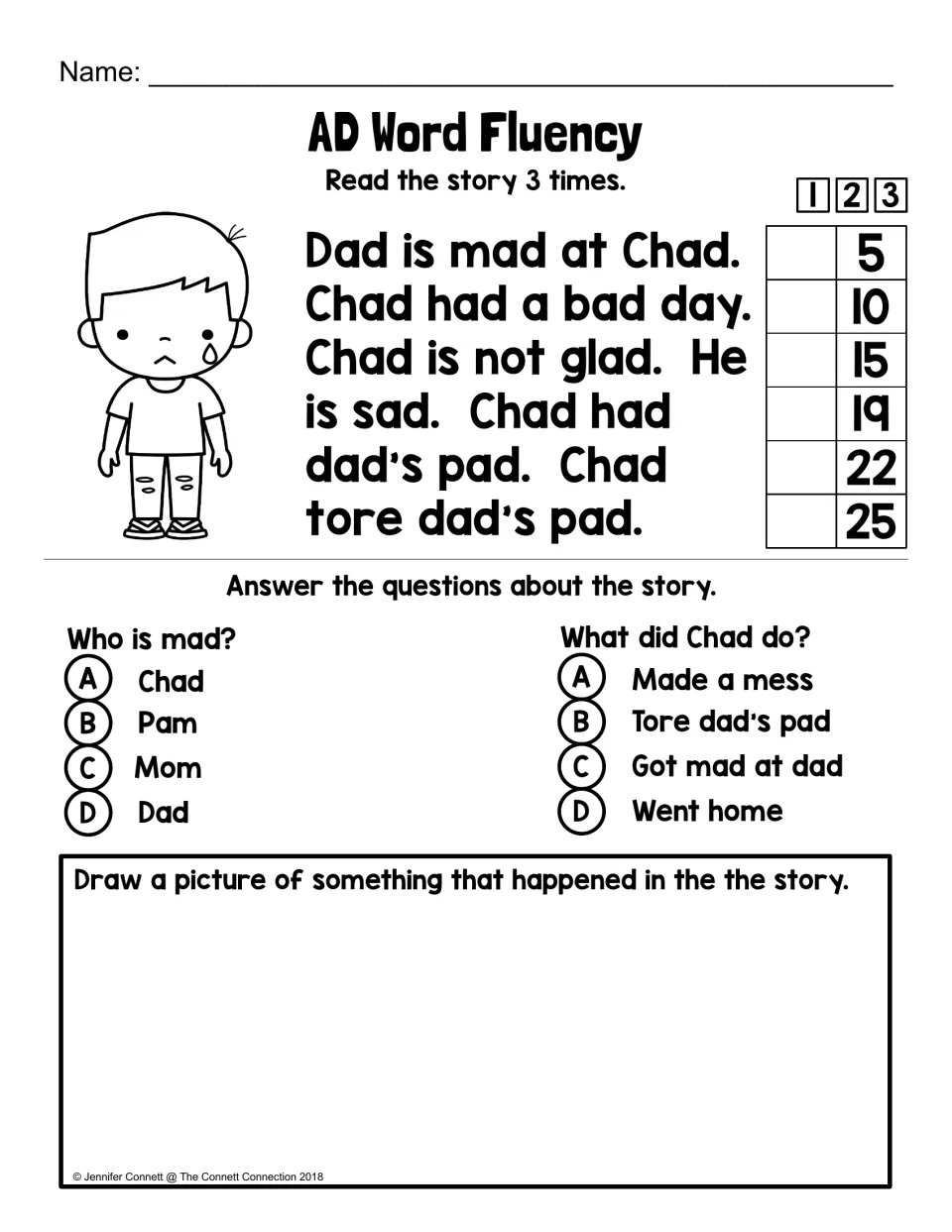 AD word story about Chad tearing dad's pad: students read it 3 times, answer 2 multiple-choice questions and draw a scene