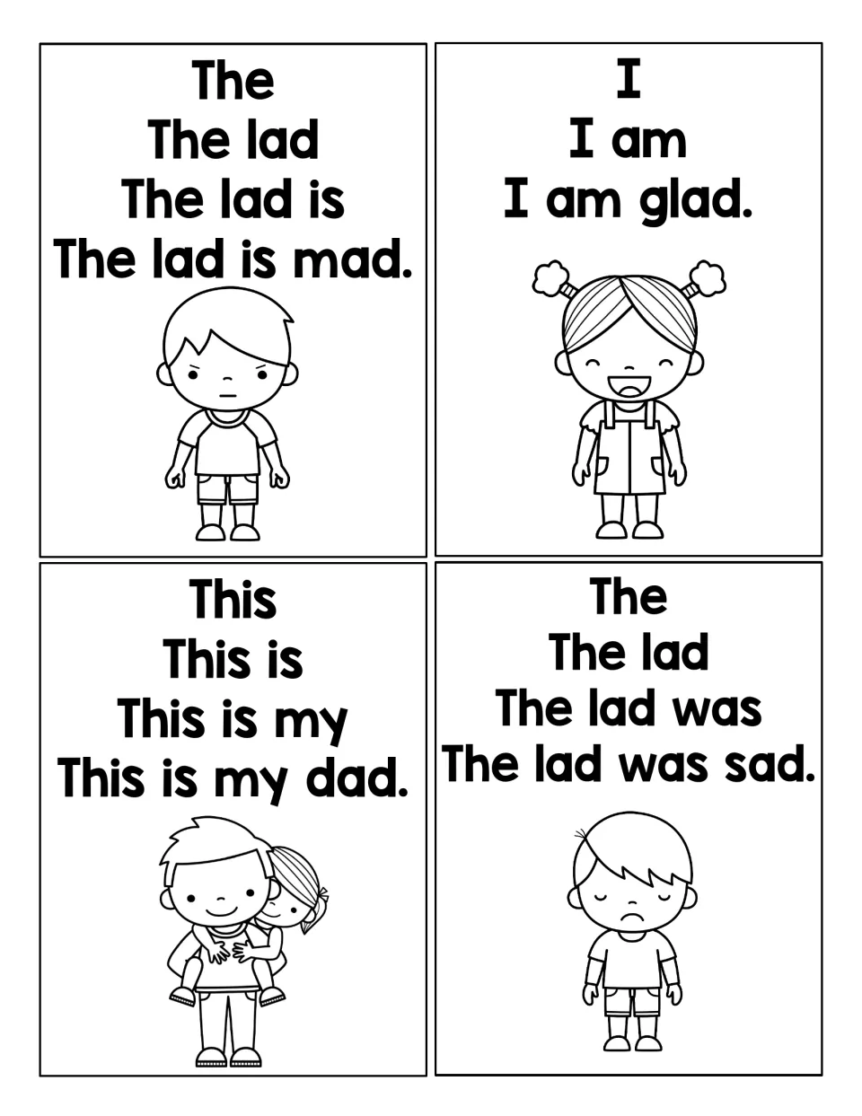 AD word build-up cards: students read sentences growing a word at a time to The lad is mad, I am glad, This is my dad