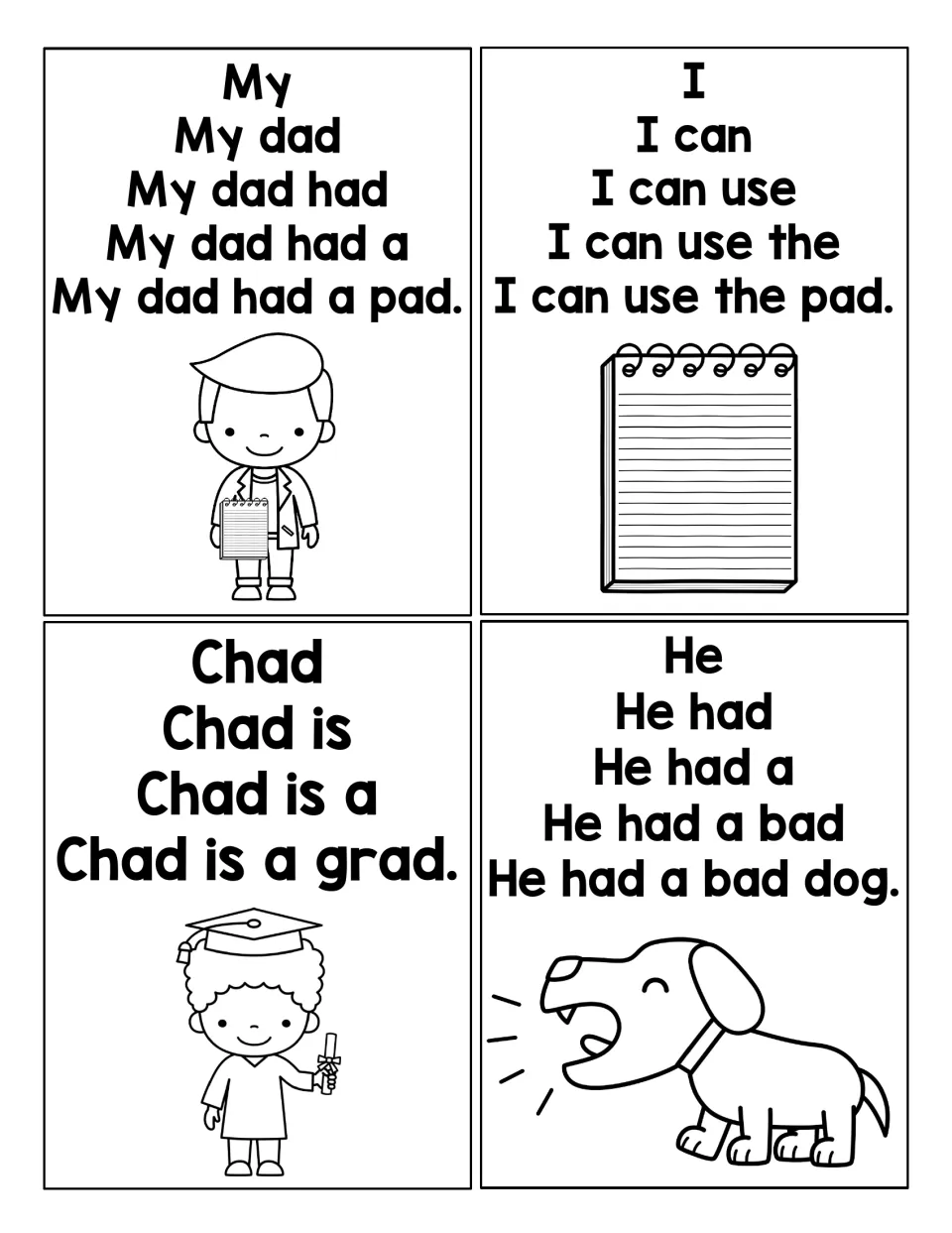 More AD build-up cards: students read up to My dad had a pad, I can use the pad, Chad is a grad and He had a bad dog
