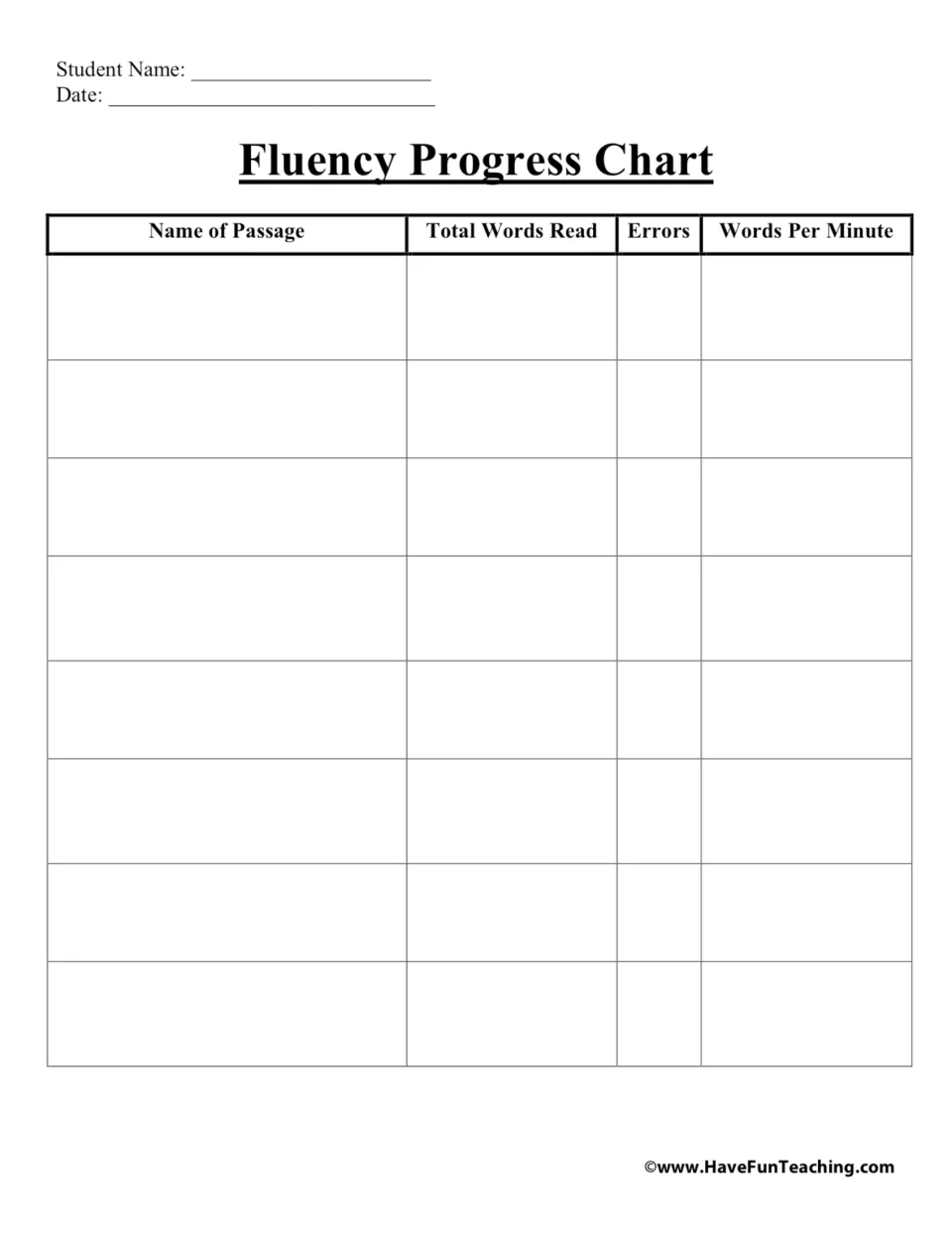 Fluency Progress Chart: students log each passage name, total words read, errors and words per minute across 8 readings
