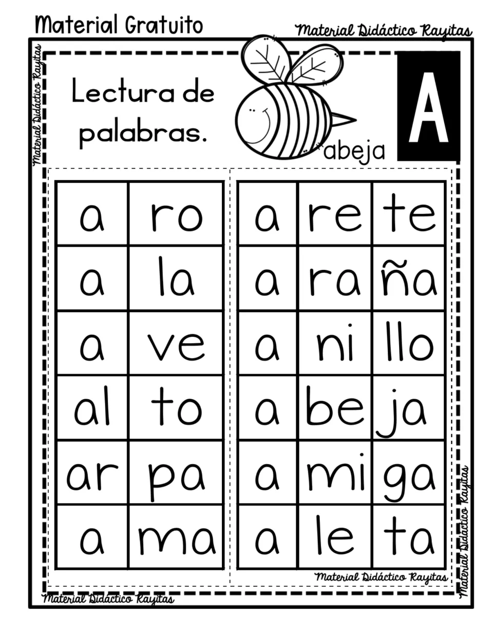 Spanish syllable reading practice for A: aro (hoop), ala (wing), ave (bird), abeja (bee) and eight more words