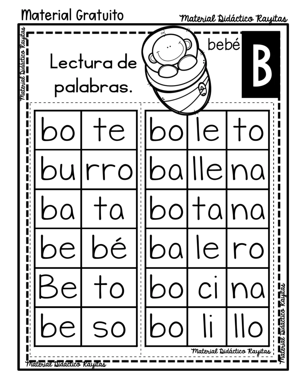 Spanish syllable reading practice for B: bote (boat), burro (donkey), bebé (baby) and nine more words