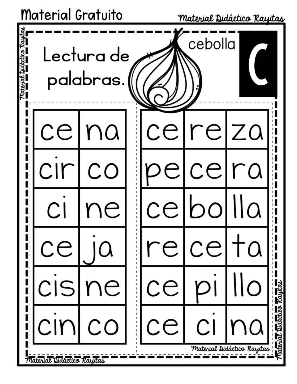 Spanish syllable reading practice for C: cena (dinner), cine (cinema), cebolla (onion) and nine more words