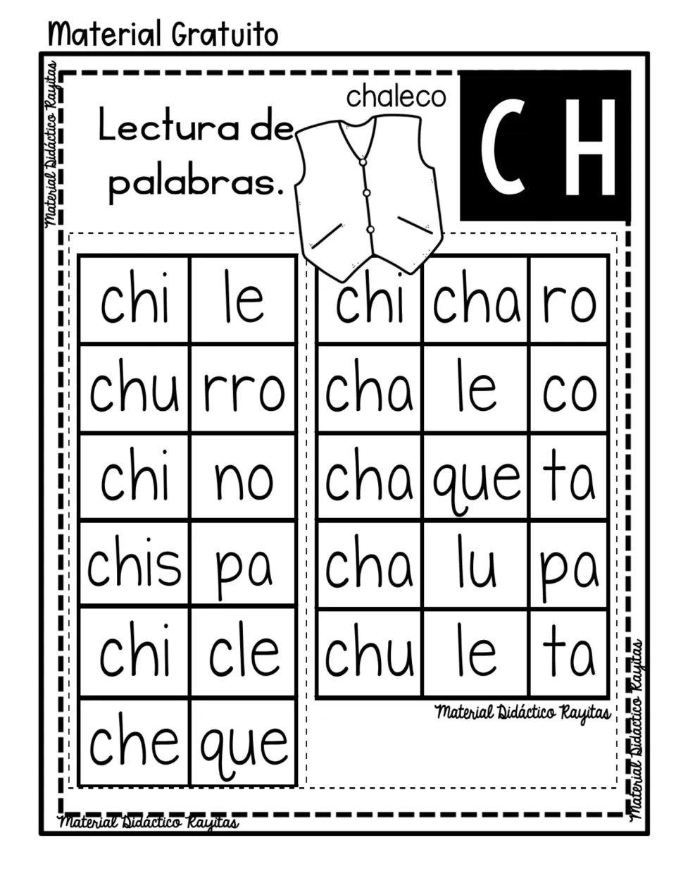 Spanish syllable reading practice for CH: chile (chili pepper), chaleco (vest) and nine more words