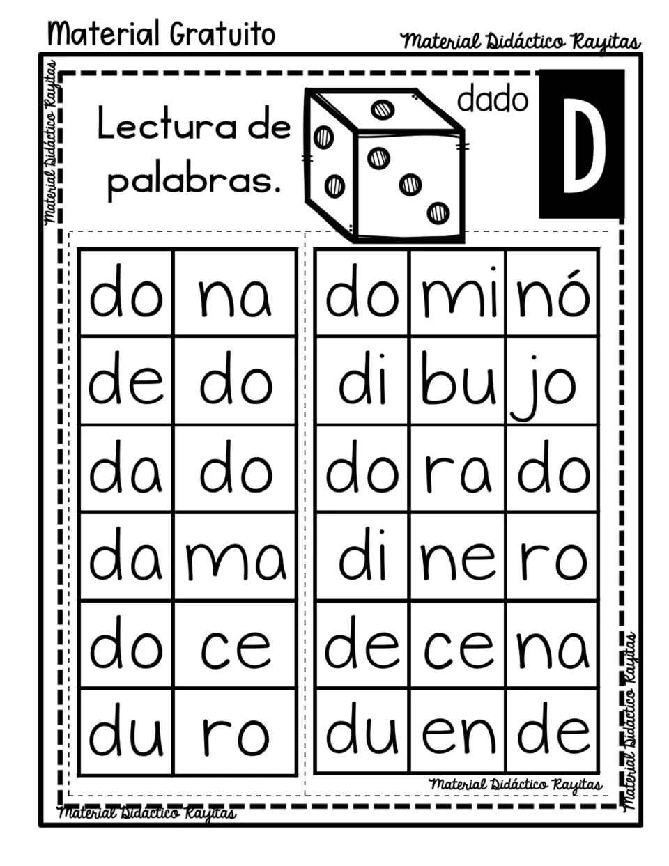 Spanish syllable reading practice for D: dedo (finger), dado (die), dinero (money) and nine more words