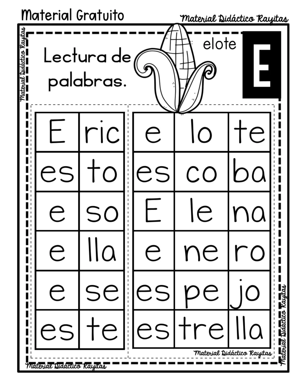 Spanish syllable reading practice for E: elote (corn), escoba (broom), espejo (mirror) and nine more words