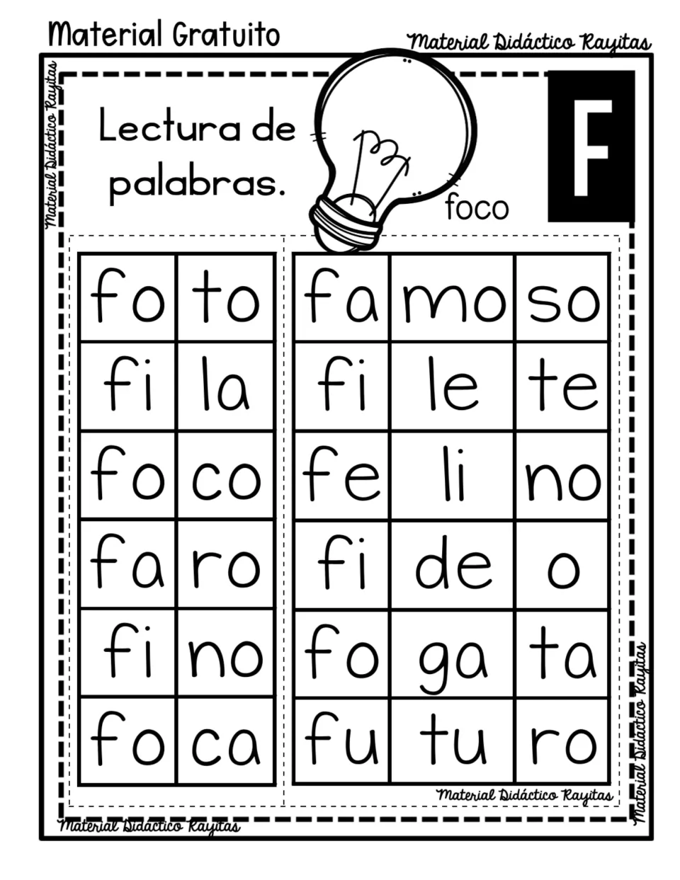 Spanish syllable reading practice for F: foto (photo), foca (seal), fogata (campfire) and nine more words