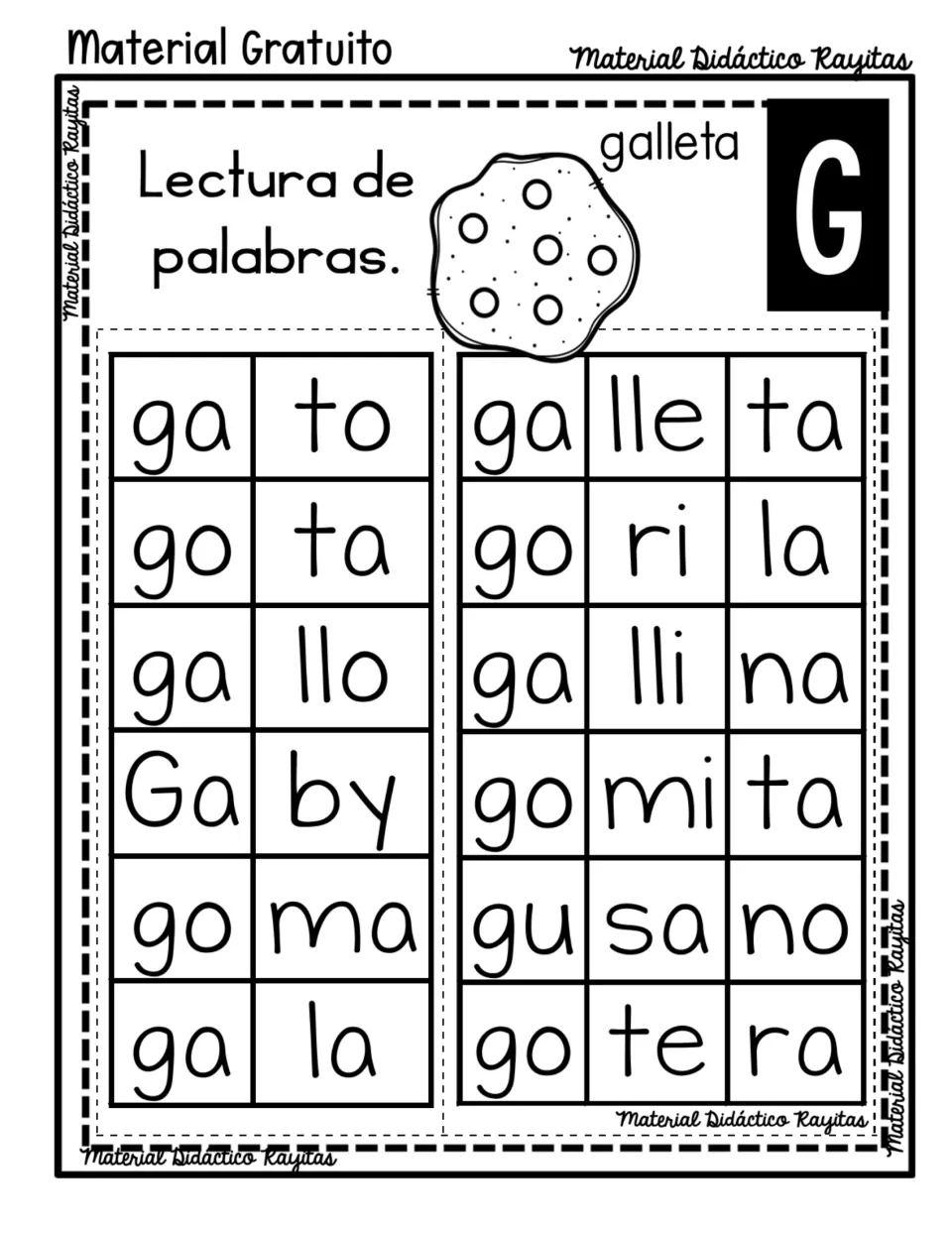 Spanish syllable reading practice for G: gato (cat), gota (drop), galleta (cookie) and nine more words