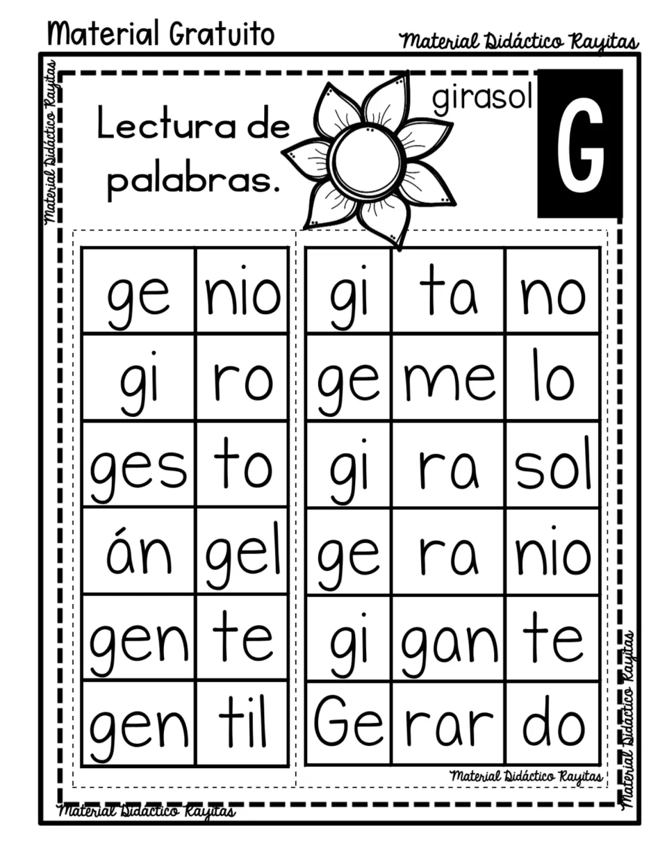 Spanish syllable reading practice for G: genio (genius), girasol (sunflower) and ten more words