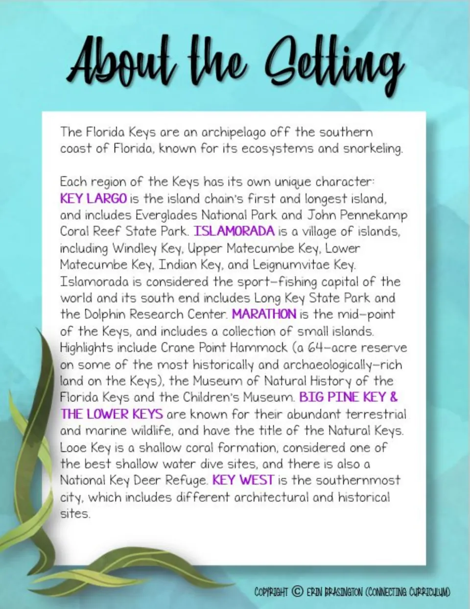 About the Setting reading introduces the Florida Keys, including Key Largo, Islamorada, Marathon, and Key West