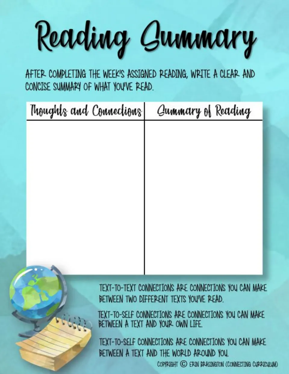 Reading Summary organizer asks students to summarize the week's reading and record thoughts and connections