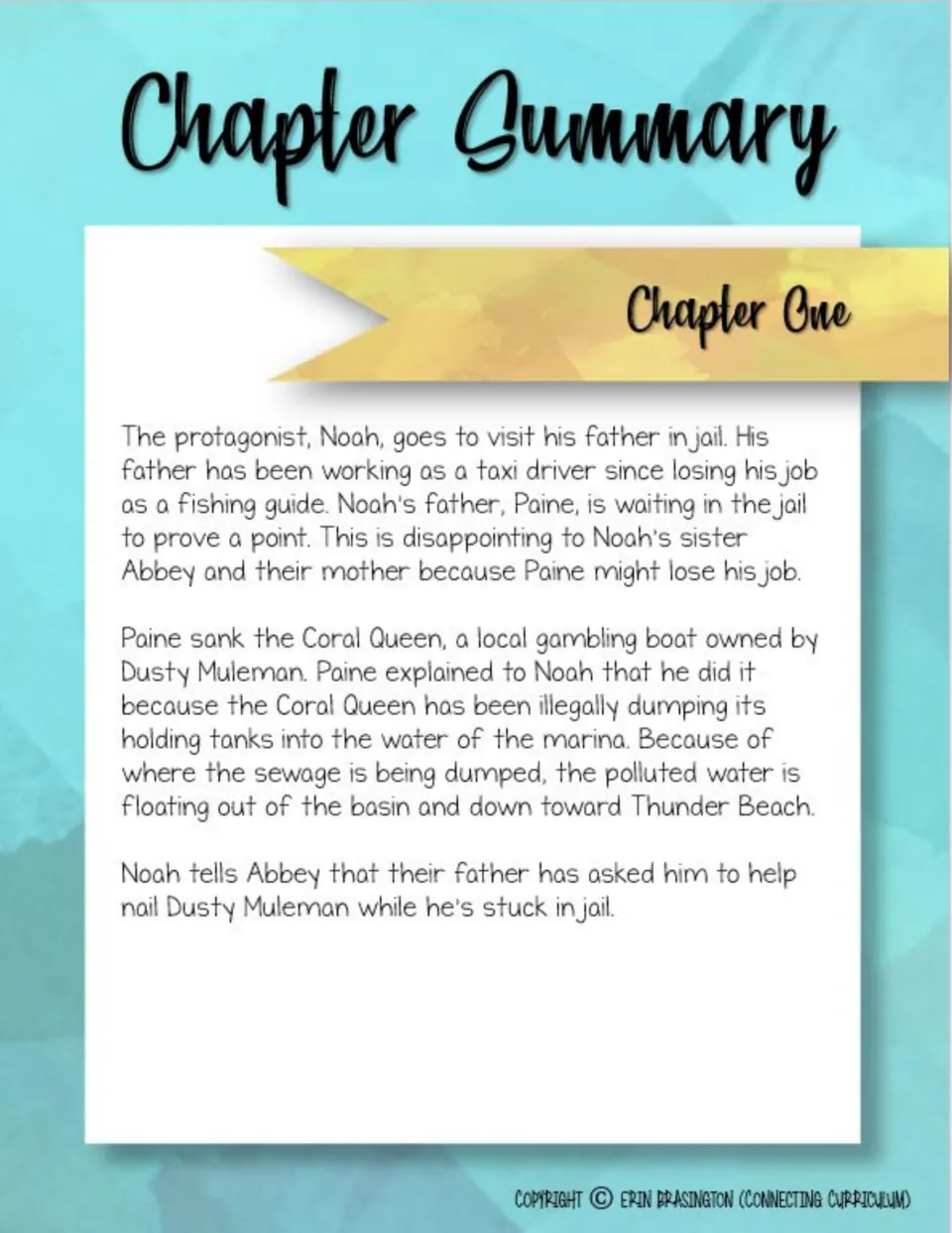 Chapter One summary recounts Noah's jail visit and Paine's explanation for sinking the sewage-dumping Coral Queen