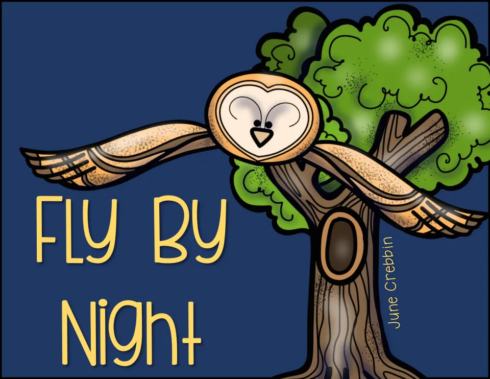 Story companion cover for Fly By Night by June Crebbin, showing an owl flying in front of a tree at night