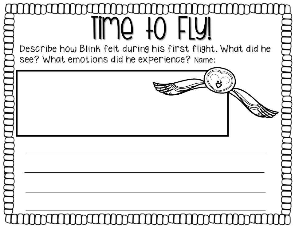 Time to Fly! response activity asks students to describe Blink's first flight, what he saw, and how he felt
