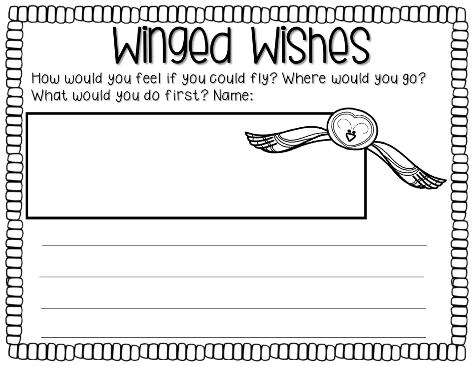Winged Wishes writing prompt asks how students would feel if they could fly, where they would go, and what next
