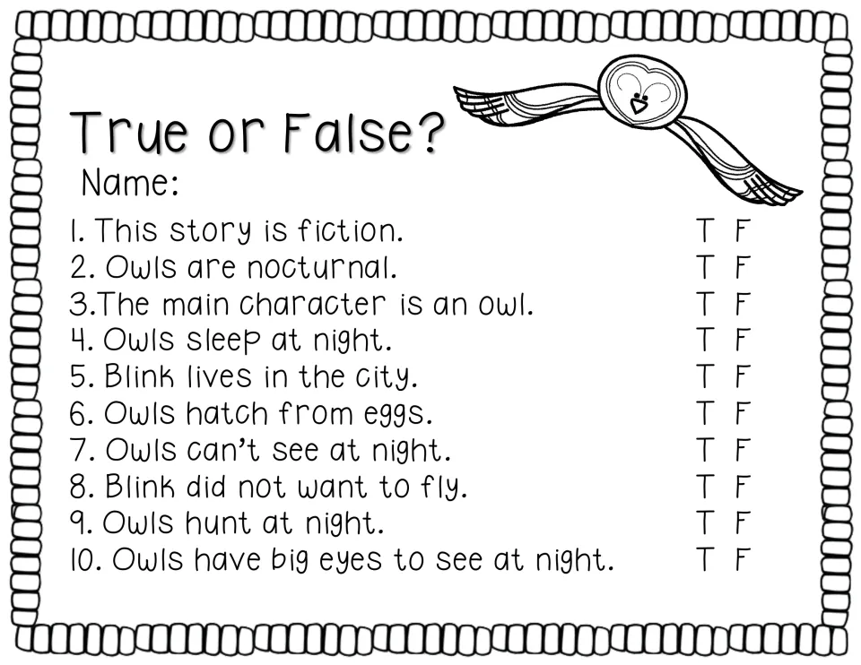 True or False? quiz presents 10 statements about the story, Blink, and owl traits such as night vision and hunting