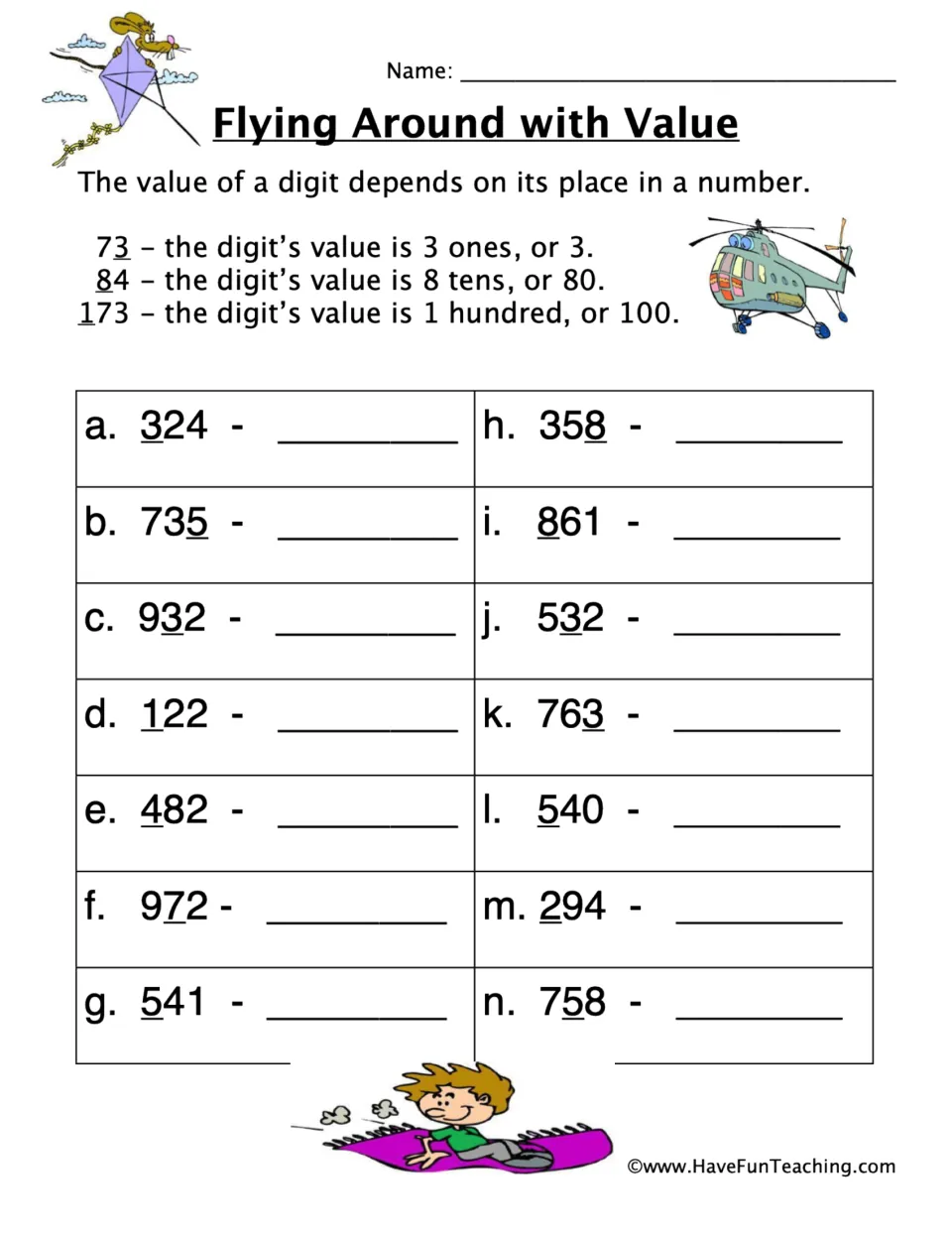 Flying Around with Value: students write the value of the underlined digit in 14 three-digit numbers, such as 324